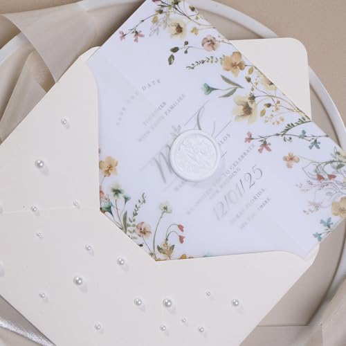 UNIQOOO 50 Pack Blur Wildflower Pre-Folded Vellum Jackets for 5x7 Invitations, 115GSM Semi-Transparent Vellum Paper, for Autumn Wedding Invitation Accessories by UNIQOOO - Used condition - Image 4