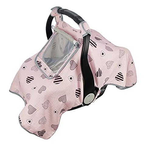 Car seat Covers for Babies, Infant Carseat Canopy for Newborn Carrier, Kick Proof Yet Anti-Slip Design, Muslin, fit Summer, Spring, Autumn, Pink Heart, Perfect for Girl Cover