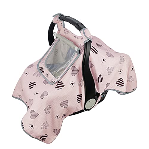 Image of Car seat Covers for Babies, Infant Carseat Canopy for Newborn Carrier, kick Proof Yet Anti-Slip Design, Muslin, fit Summer, Spring, Autumn, Pink Heart, Perfect for Girl;
