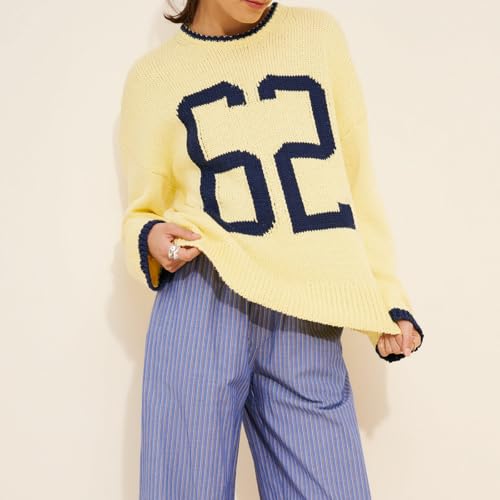 Women Y2k Knitted Jersey Shirts Graphic Number Sweater Oversized Knit Pullover Jumper Tops Fall Sweaters 20253