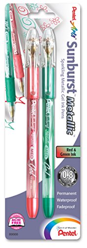 Pentel Arts Sunburst Metallic Gel Pen, Medium Line, Permanent, Red & Green Ink 2 Pack Carded (K908MBP2BD)