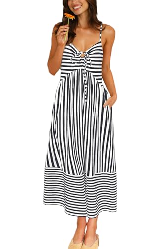 Image of Fashionme Womens Summer Maxi Dresses 2026 Trendy Striped Vacation Boho Beach Spaghetti Strap Sundress Back Tie with Pockets