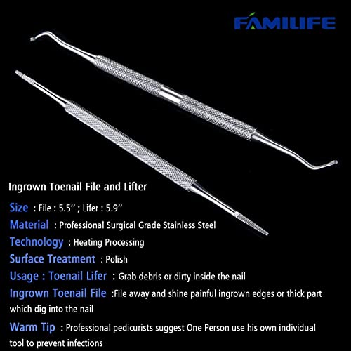 Ingrown Toenail File And Lifter, Familife 2Pcs Ingrown Toenail Tool Double Sided With Storage Case Professional Ingrown Toenail Corrector 100% Stainless Steel Ingrown Toenail Removal Kit Pedicure Kit #TOP5