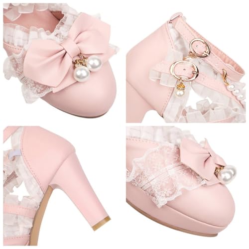 Parisuit Womens Cute Kawaii Mary Jane Pearl Bow Lolita Cosplay Shoes Lace Heels Chunky Platform Pumps with Ankle Strap Round Toe Dress Shoes4