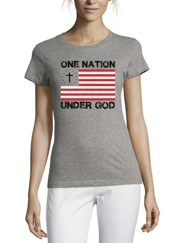 Photo de Atspauda One Nation Under God United States Flag Christian Nation Crew Neck Cotton T-Shirt Femme Gris, gris, S