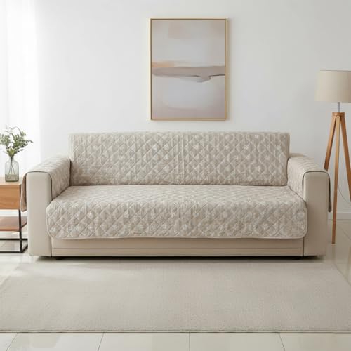 Image of House of Quirk 'Mughal Series' Anti-Slip Sofa Cover Mat with Pocket | Polyester Couch Protector for Pets, Kids & Spills (Beige Blossom, 180x120cm, Two Seater)