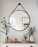 Artloge Hanging Wall Mirror with Strap Round Bathroom Vanity 28in Black Frame