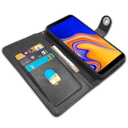 Image of Pikkme Samsung Galaxy J4 Plus Flip Cover Leather Finish | Inside TPU with Card Pockets | Wallet Stand and Shock Proof | Complete Protection Button Flip Case (Black)