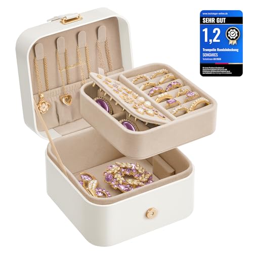 SONGMICS GISELLA Kollektion - Schmuckkästchen Reise mit 2 Ebenen, Schmuckkasten klein, Schmuckaufbewahrung, tragbar, für größere Accessoires, Geschenkidee, 11,2 x 11,8 x 7,2 cm, wolkenweiß JBC185W03