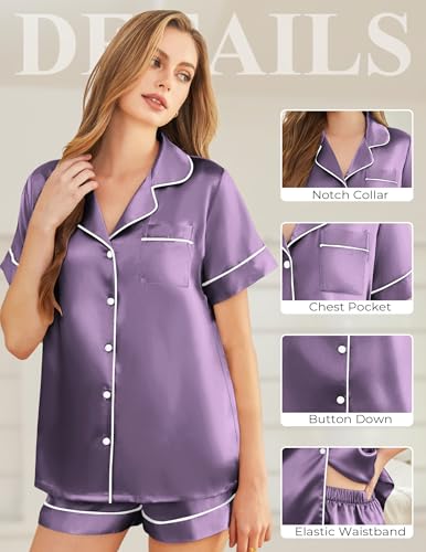 Image of Silk Pajamas for Women Short Sleeve Sleepwear Soft Button Down Loungewear 2 Piece Satin Pjs Shorts Set S-XXL