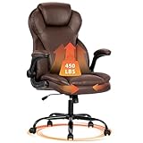 Big and Tall Executive Office Chair, Heavy Duty Desk Chair with 23' Wide Seat, Flip-Up Armrests for Computer Game Chair, Adjustable Height & Tilt Rocker, High Back PU Leather for 450LBS,Brown