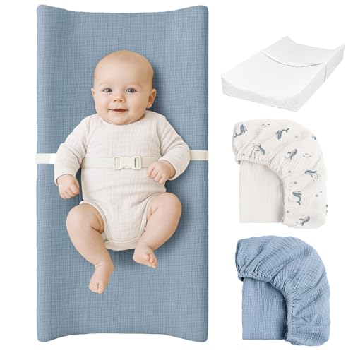 Konssy Baby Changing Pad Set with Waterproof Lining &amp; 2 Pack Muslin Covers