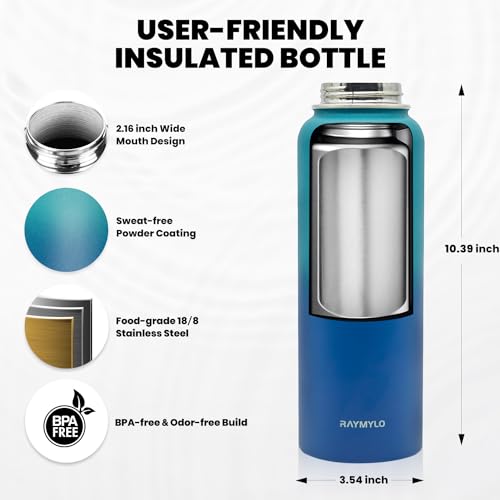 Image of RAYMYLO Insulated Water Bottle 40 oz, Triple Wall Vacuum Stainless Steel (Cold for 36Hrs, Hot for 18Hrs), Leak Proof & Non-BPA, Modern Water Flask Jug with Paracord Handle & Straw Spout Lids