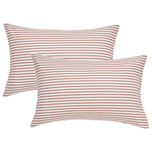 JELLYMONI 100% Natural Cotton Striped Standard Pillowcases Set, 2 Pack White and Pink Stripes Pattern Printed Pillow Covers with Envelope Closure(Pillows are not Included)
