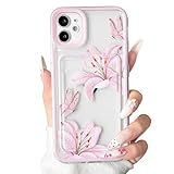NITITOP Compatible with iPhone 11 Case with Card Holder Clear Cute Lily Floral Flowers Butterfly for Women Girls Soft TPU Color Frame Shockproof Wallet Protective Cover - Pink