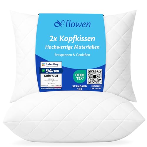 Flowen Kopfkissen 40x80 cm Kissen für Bett 40 x 80 2er Set Bettkissen Hypoallergene Anti-Milben Weiche Kissenfüllung mit Weicher Gesteppter...