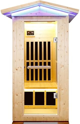 OUTEXER Outdoor Sauna Wooden Far Infrared Saunas Spa 1550W Low-EMF Dry Sauna Room for One Person Finland Spruce Wood