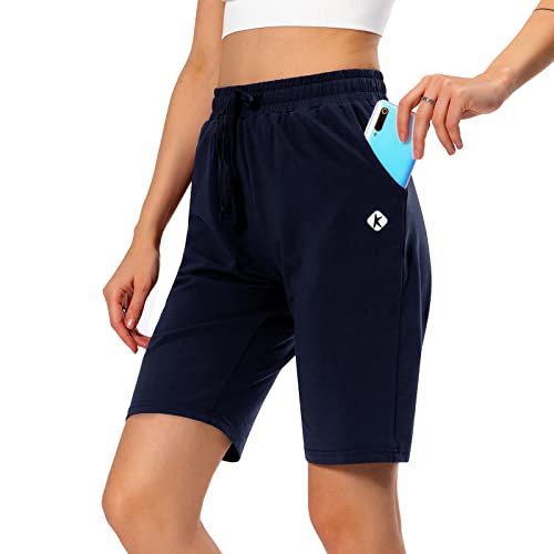 Women's Bermuda Shorts Long Cotton Sweat Knit Shorts Pull On Walking Lounge Shorts with Pocket Navy Blue