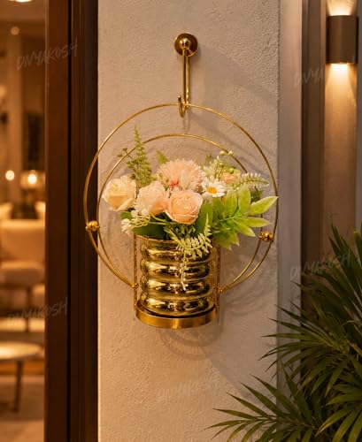 Image of Divyakosh Artificial Flower Vase, Metal Golden Ring with Pre Fixed Flowers, Gift Item, Showpiece | Home Decoration Items for Living Room | Aesthetic Home Decor, Vase for Home Decor'