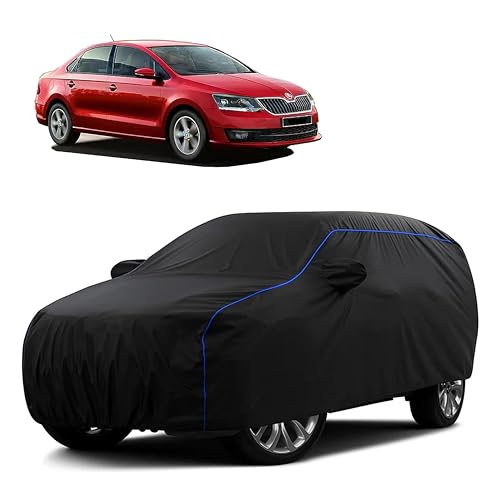Image of Sulfar 100% Water Resistant Car Body Cover Compatible with Mirror for Skoda Rapid (Triple Stitched, Full Bottom Elastic, Black Tafetta with Blue Piping)