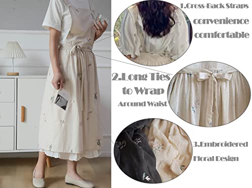 Losofar Embroidered Cotton Pleated Apron Retro Waterdrop Proof Garden Cleaning Pinafore Dress (Floral Beige, 103Cmx86Cm) #TOP4