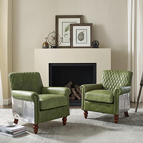 Volans Genuine Leather Chair, Set Of 2, Vintage Mid Century Genuine Leather Accent Chair With Wood Legs, Industrial Aluminum Wrapped And Riveted Arm Chair, Emerald #TOP14