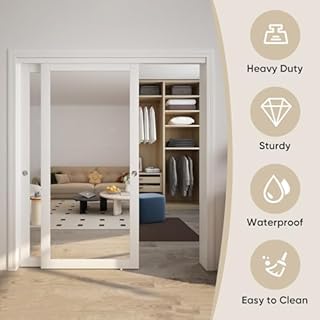JUBEST 72" x 80" Mirror Closet Door, Preassembled One Side Mirror Door with Hardware Kit & Matching Fascia, Solid Wood Frame with Water-Proof PVC Surface, Easy to Install, White