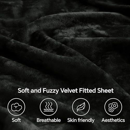 BEDELITE Velvet Fitted Sheet and Pillowcases Set, Luxury Soft Fuzzy Bottom Sheet with Reinforced Elastic Corner Straps, Deep Pocket up to 15 Inch, 1 Fitted Sheet and 2 Pillowcases (Cal King, Black)