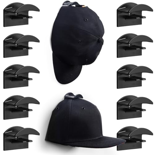 Cap Halterung Wand 10er Set Schwarz – Premium Basecap & Hut Aufbewahrung – 2 Montageoptionen Selbstklebend ohne Bohren oder mit Schrauben – Robuster Wandhaken mit Stil Cap Aufhängung Mützenhalter