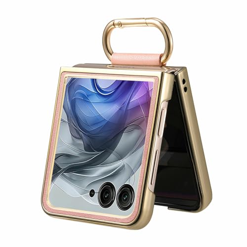 Image of for Motorola Razr 50 Ultra 5G Case Electroplating Leather Coated PC Phone Cover with Spring Ring Buckle Kickstand - Pink
