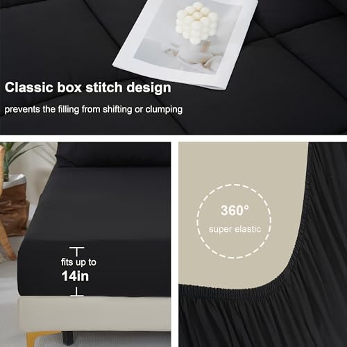 DOWNCOOL King Size Comforter Set, 7Pcs Bedding Comforter Sets Black, All Season Down Alternative Bedding Comforter Sets with Comforter, Flat Sheet, Fitted Sheet, 2 Pillow Shams & 2 Pillowcases