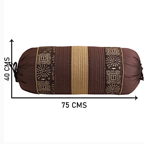 Image of Gifts Island Set of 2 Polyester Silk Traditional Hand-Block Printed & Striped Bolster Covers (Brown)