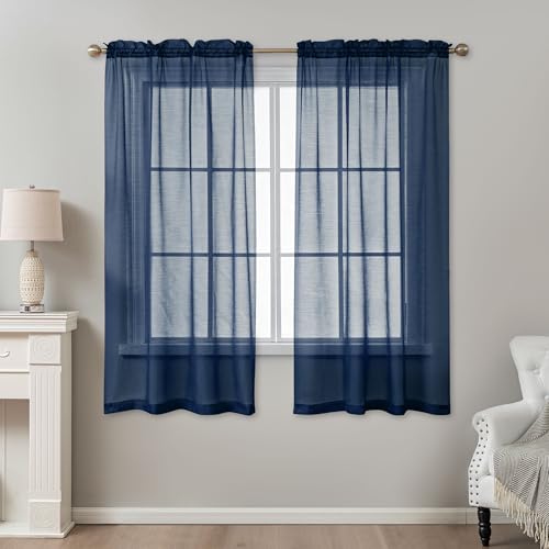 Image of Navy Blue Sheer Curtains 63 Inch Length, Privacy Semi Sheer Curtains for Living Room Bedroom, Light Filtering Rod Pocket Voile Window Drapes 2 Panels Set, Each 42 inch W x 63 inch L