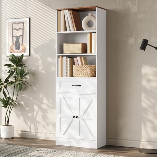 oneinmil 70 in White Storage Shelf with Drawer and Doors- Ideal for Home and Office,Sturdy P2 PB and MDF Construction, Inspired Design for Organizing Your Space