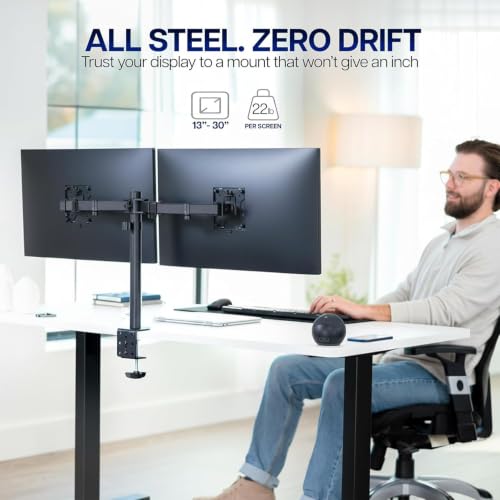 Image of Dual Monitor Arm Desk Mount, Adjustable Screen Monitor Stand with C-Clamp & Grommet Base, Full Motion Height Adjustable Holder with Cable Management for Office Desk, Black