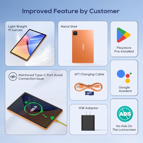 Android Tablets, 11 inch Octa-Core Processor Tablet with 2 Years Protection, 128GB Storage,12GB RAM, 6ft Charging Cable, 8000mAh Battery, Reinforced Type-C Port, Quad-Speaker, Orange - Image 4