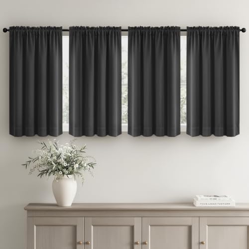Image of MIULEE Set of 4 Grey 45 Inch Short Blackout Kitchen Window Curtains | Bedroom Drapes, Light Blocking Privacy Curtains for Small Windows, Bathroom, RV /Motorhome, Laundry, Top&Bottom Rod Pocket
