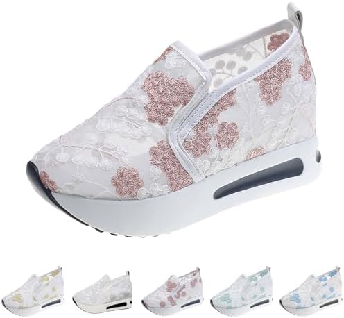 Women's Floral Embroidered Platform Wedge Sneakers, Mesh Slip-On Shoes (Light Pink-b,5.5) - 4