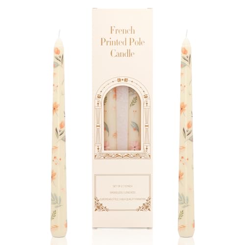 Dinner Candles, 10'' Prints Tapered Candles Party Decor, Non Drip Long Non Scented for Candlesticks Table Dinner Valentine's Day Home Afternoon Tea Decoration 2PCS (Beige Valley Iris)