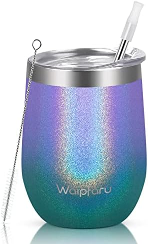 Waipfaru Wine Tumbler, 12 Oz Insulated Wine Tumbler With Lid and Straw, Stainless Steel Stemless Cup, Double Wall Vacuum Wine Tumbler for Wine Coffee Cocktails Champagne (Glitter Violet Ombre)