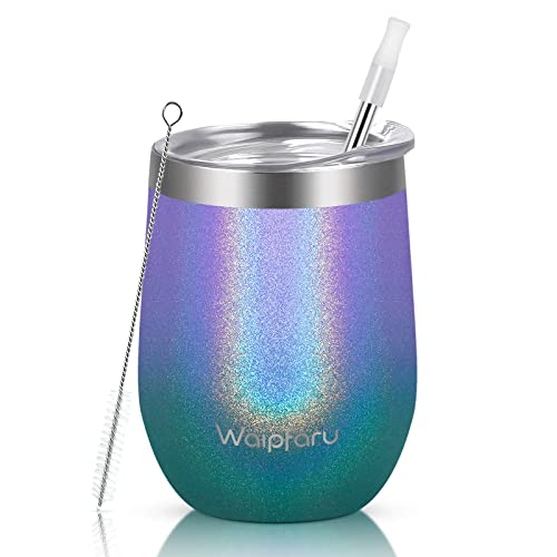 Waipfaru Wine Tumbler, 12 Oz Insulated Wine Tumbler With Lid And Straw, Stainless Steel Stemless Cup, Double Wall Vacuum Wine Tumbler For Wine Coffee Cocktails Champagne (Glitter Violet Ombre) #TOP10