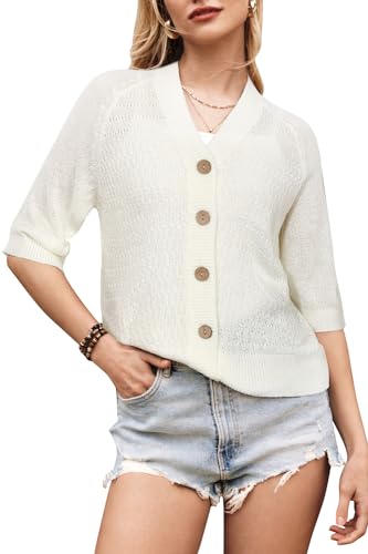 Image of Arach&Cloz Womens Lightweight Cardigan Short Sleeve Shrugs Button Crochet Knit Fashion Sweaters Tops Cozy Clouds Beige