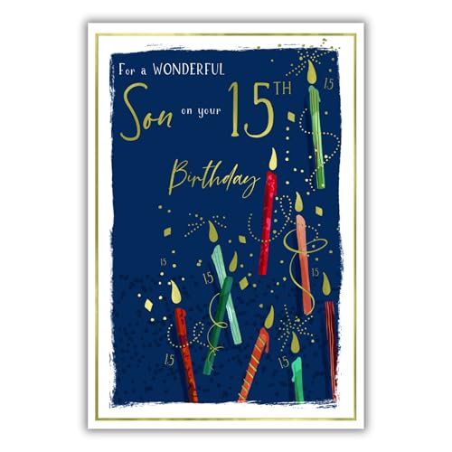 IC&G 15th Birthday Card for Son - Stylish Candle Design - Embossed Foil Finish - Age 15 Birthday Greeting Card for a Wonderful Son - For Boys