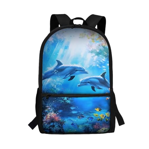 School Backpack for Kids Girls 8th Grade 17 Inch Middle Elementary School Bookbag for Teens Children Kawaii Backpacks with Zipper Front Pocket Fish&Dolphin Print