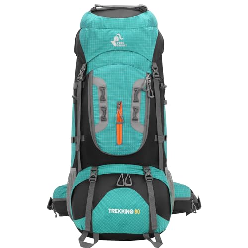 Bseash 80L Waterproof Hiking Camping Backpack with Rain Cover, Lightweight Outdoor Sport Travel Daypack for Climbing Touring (Lake Green)