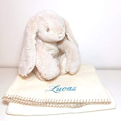 Vanevitch - Plaid couverture et sa peluche LAPIN personnalisée avec un prénom pour enfant bébé, 90x75cm, cadeau de naissance, cadeau bébé, cadeau baptême, plaid poussette, plaid cosy