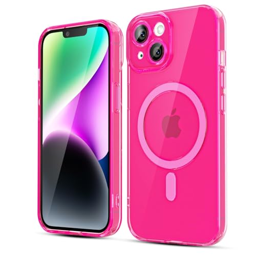 LoeoeL for iPhone 14 Case Clear Mag Safe, Magnetic Transparent TPU Silicone Compatible with Magsafe Phone Case for Women, Slim Thin Glossy Non-Yellowing Bright Hard Plastic, Hot Pink