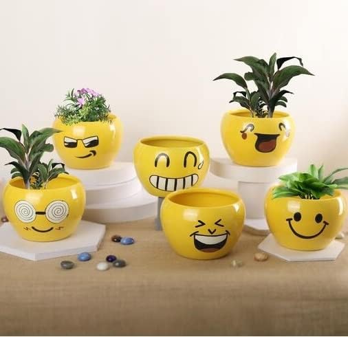 Metal Design - Handmade Smiley Emoji Metal Planters Yellow Combo of 6 pots-image-26
