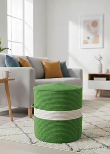 NatureLine Jüt Puf Spa Pufu Antre Puf Makyaj Masası ve Yatak Odası Banyo Pufu Teras Veranda ve Balkon Uyumlu Hasır Dekoratif Dayanıklı ve Çok Amaçlı Puff (Yeşil Ekuru şerit)