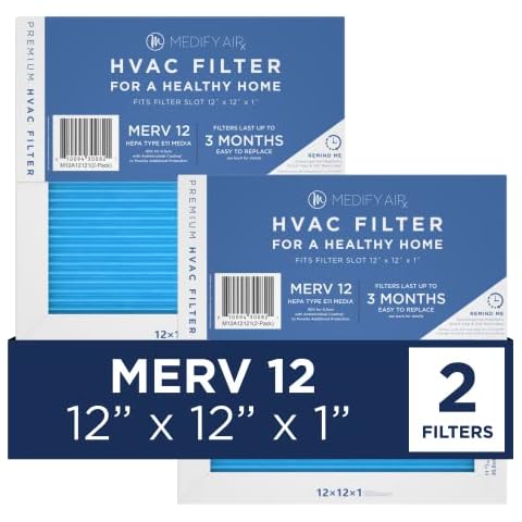 Medify Air 12x12x1 Filter - MERV 12 HEPA Air Cleaning for Pollution, Smoke, Allergies, Dust (2-Pack) - Pleated HVAC AC Furnace Air Filters Replacement - Actual Size: 11.81 x 11.81 x 0.79 Inches Cover